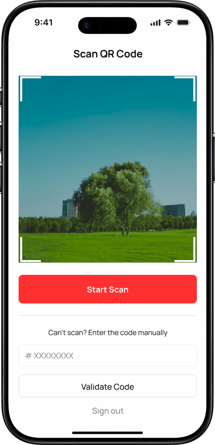 Vendor app scan screen with a camera viewfinder and manual code entry