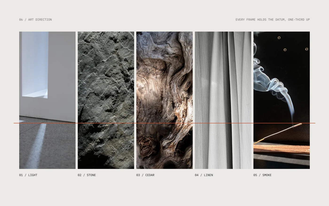 Art direction board: five tall photographs of light in a white room, grey stone, weathered cedar, linen and incense smoke, with a single orange line crossing all five one-third up