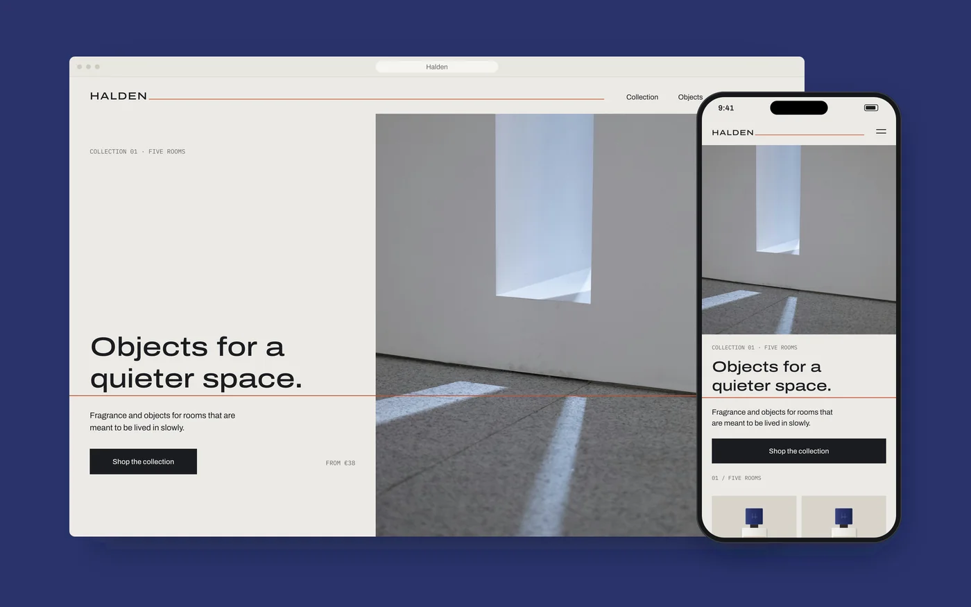 The Halden homepage on desktop and phone: the headline Objects for a quieter space rests on an orange line that continues into a photograph of a quiet white room
