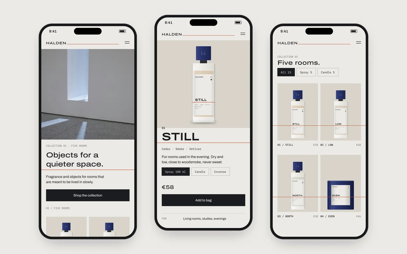 Three phone screens: the Halden homepage, the Still product page and the collection, where each row of products shares one orange line