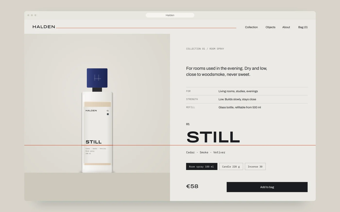 The Halden product page for 01 Still: the room spray on the left, and an orange line running across the page through the bottle's label and under the product name