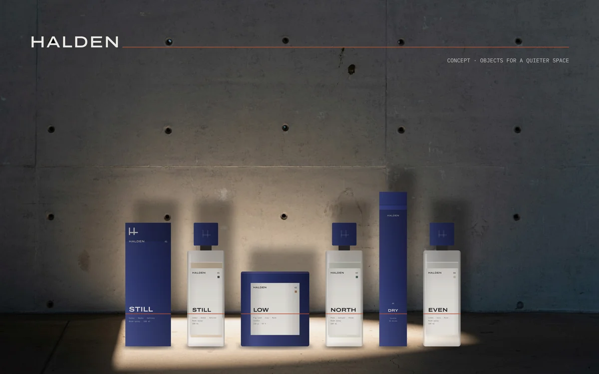 Halden brand presentation: the HALDEN wordmark resting on an orange line above a family of blue and frosted fragrance objects standing in a pool of light against concrete