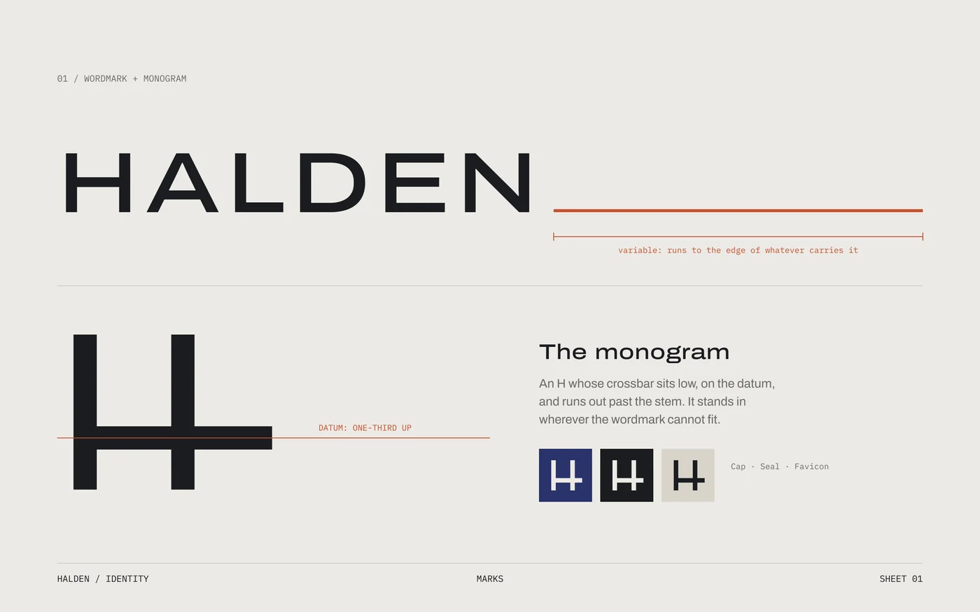 Identity sheet: the HALDEN wordmark with its orange datum line, and the H monogram with a low, extended crossbar shown at large size and on blue, graphite and plaster