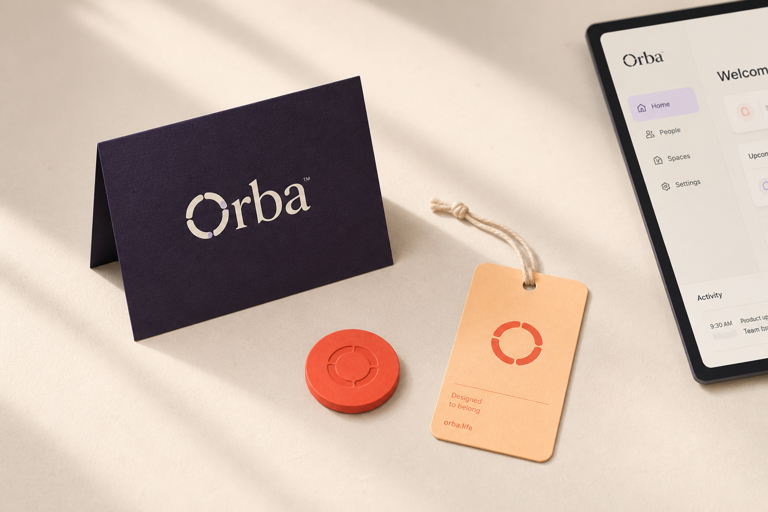 Orba identity system applied across printed collateral and product UI