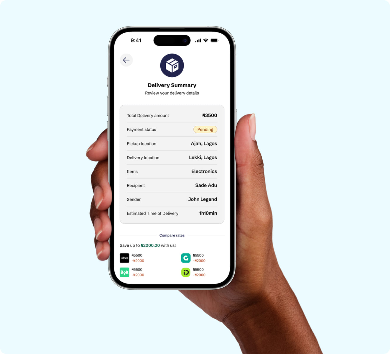 Delivery app summary screen comparing courier rates on mobile