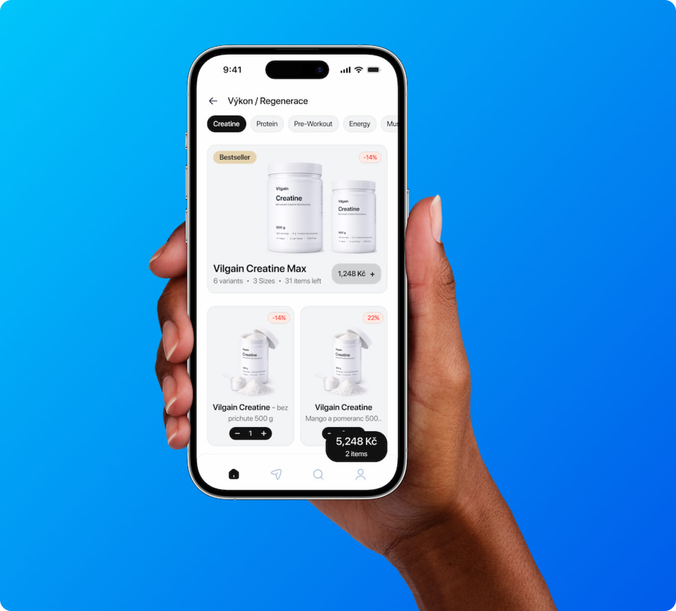 Supplement store mobile app browsing product categories