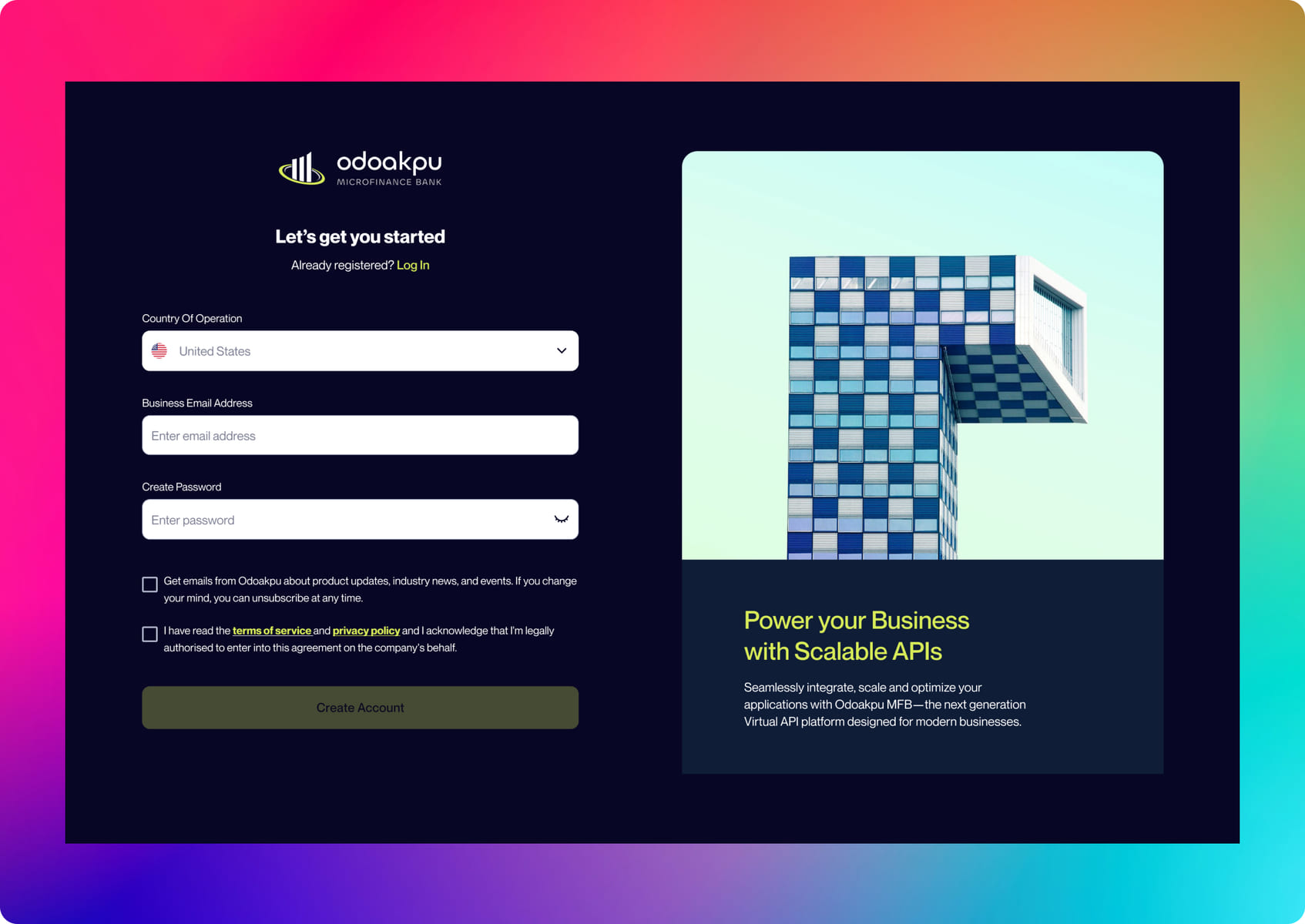 Odoakpu Microfinance Bank account sign-up screen