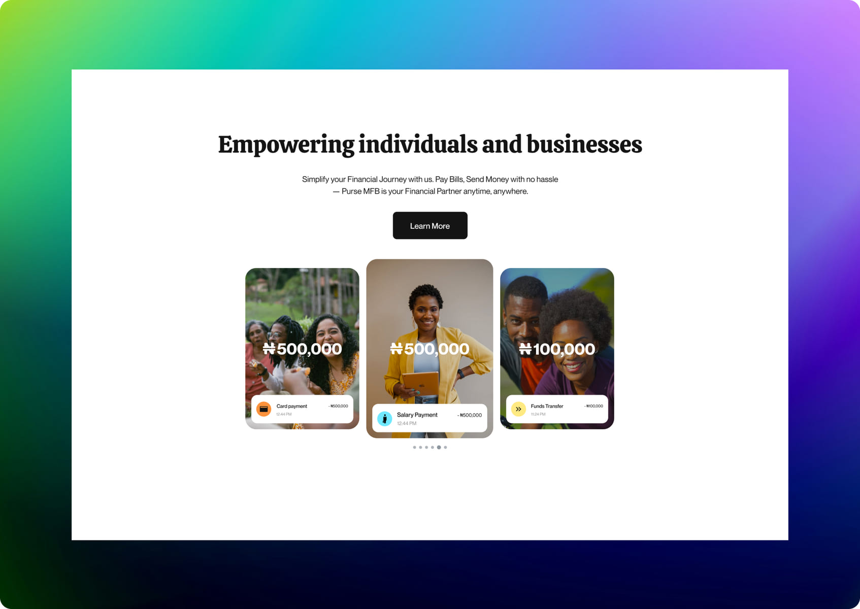Purse Microfinance Bank marketing page with payment activity cards