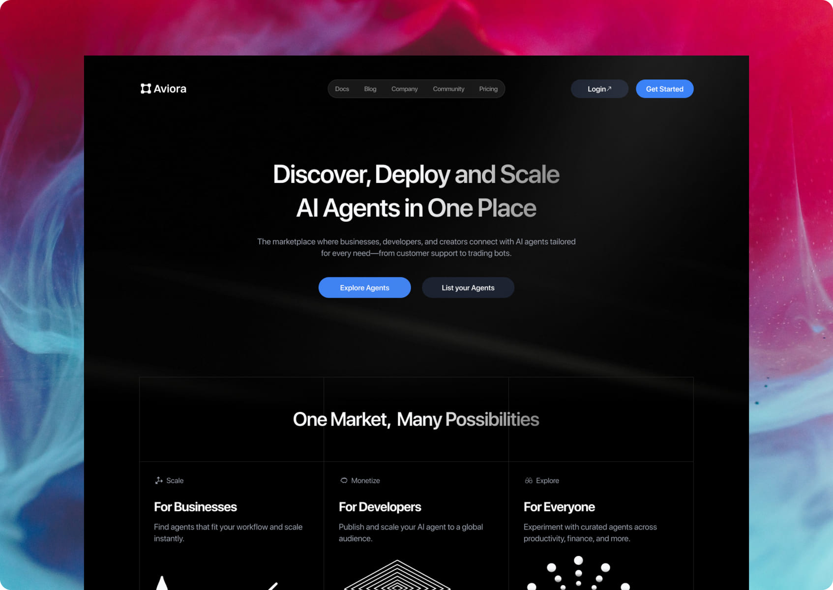 AI agent marketplace landing page on a dark theme