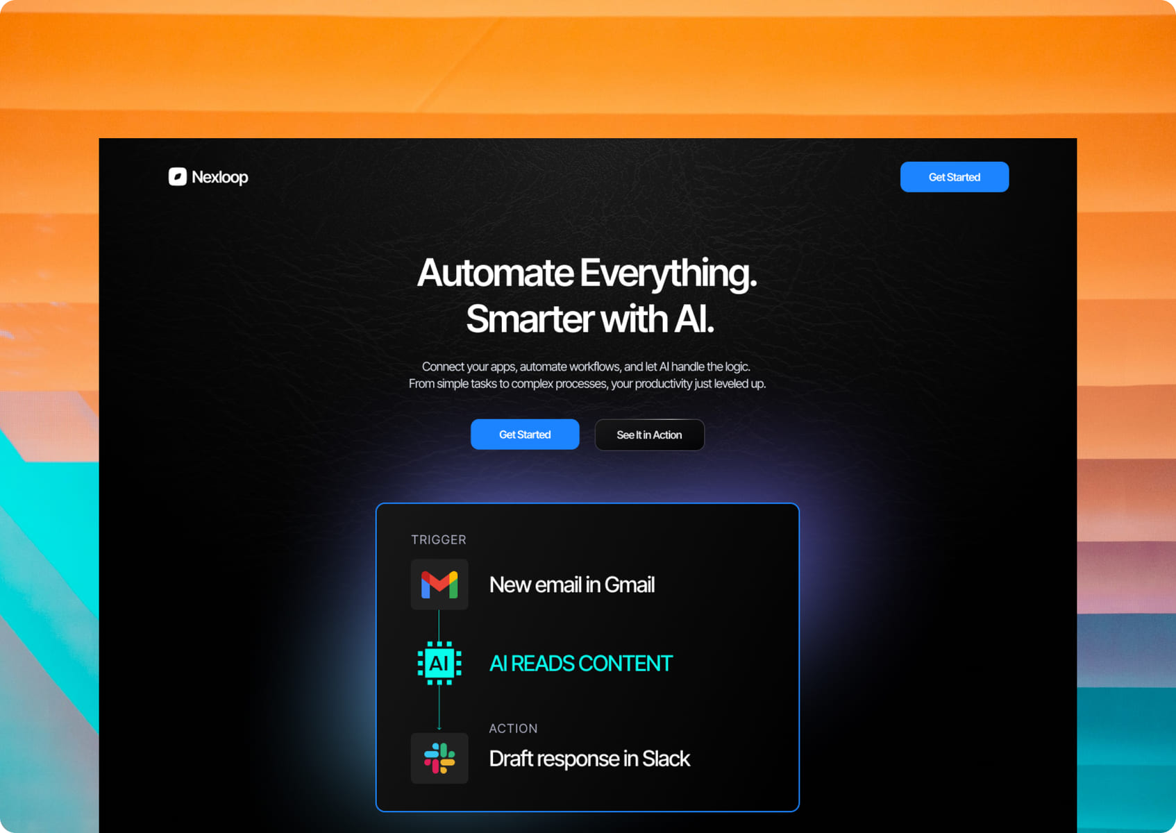 Workflow automation landing page showing a trigger and action sequence