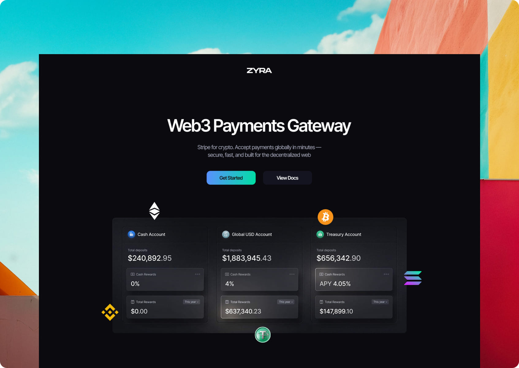 Crypto payments gateway landing page with account balance cards