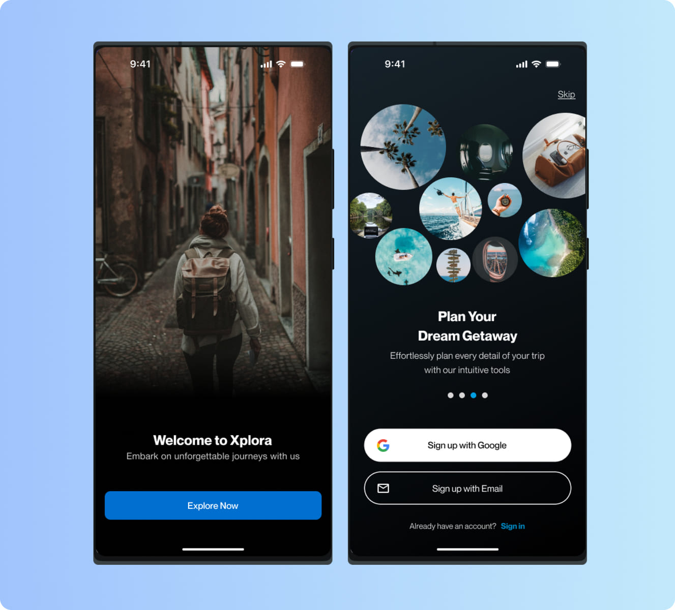 Travel app onboarding and sign-up screens on mobile
