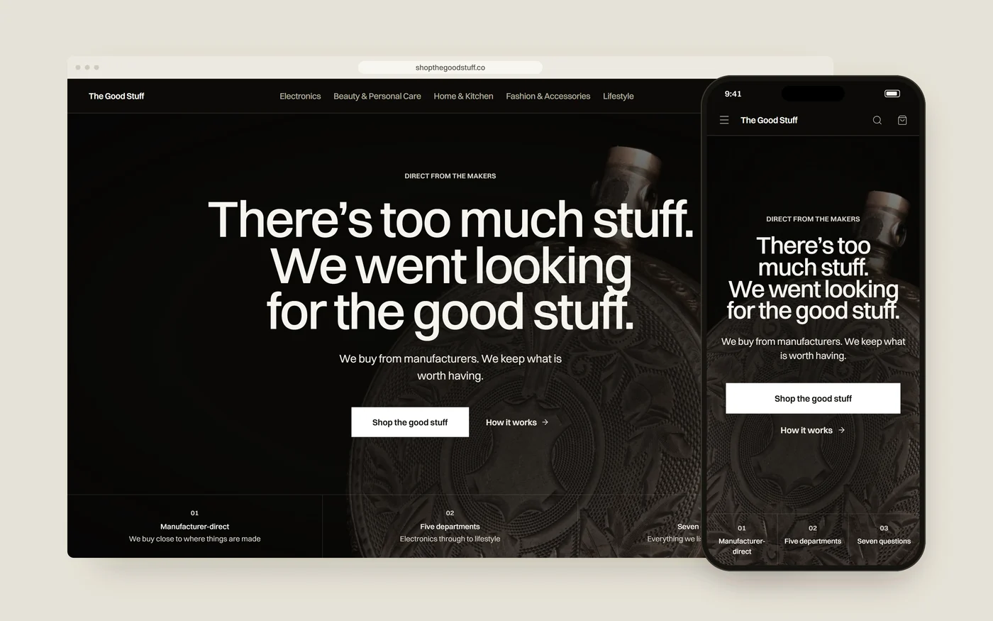 The live Good Stuff homepage in a browser window and on a phone: a dark full-screen hero reading There's too much stuff. We went looking for the good stuff.