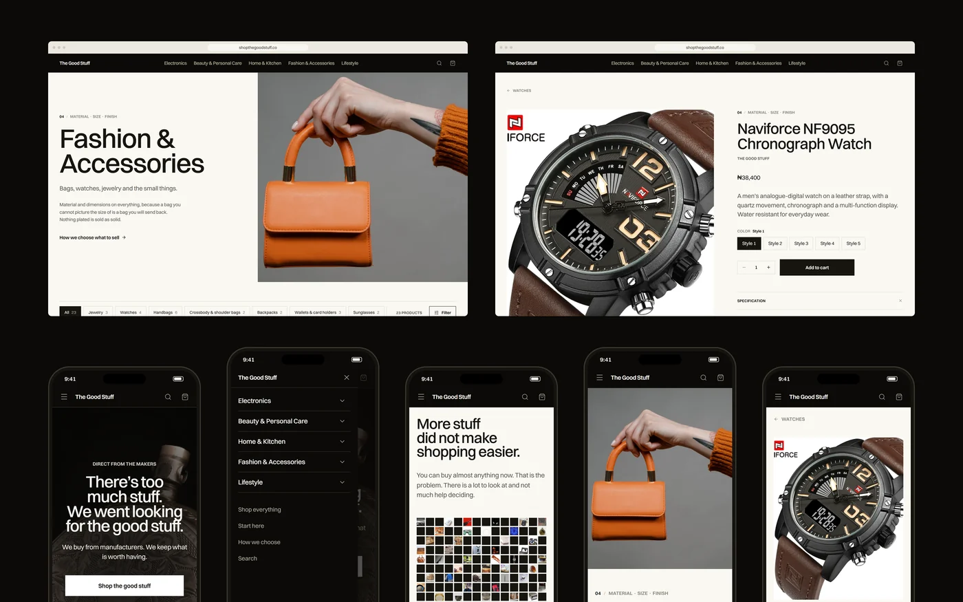 The Good Stuff end to end: the Fashion and Accessories department and a product page in browser windows, then five phone screens