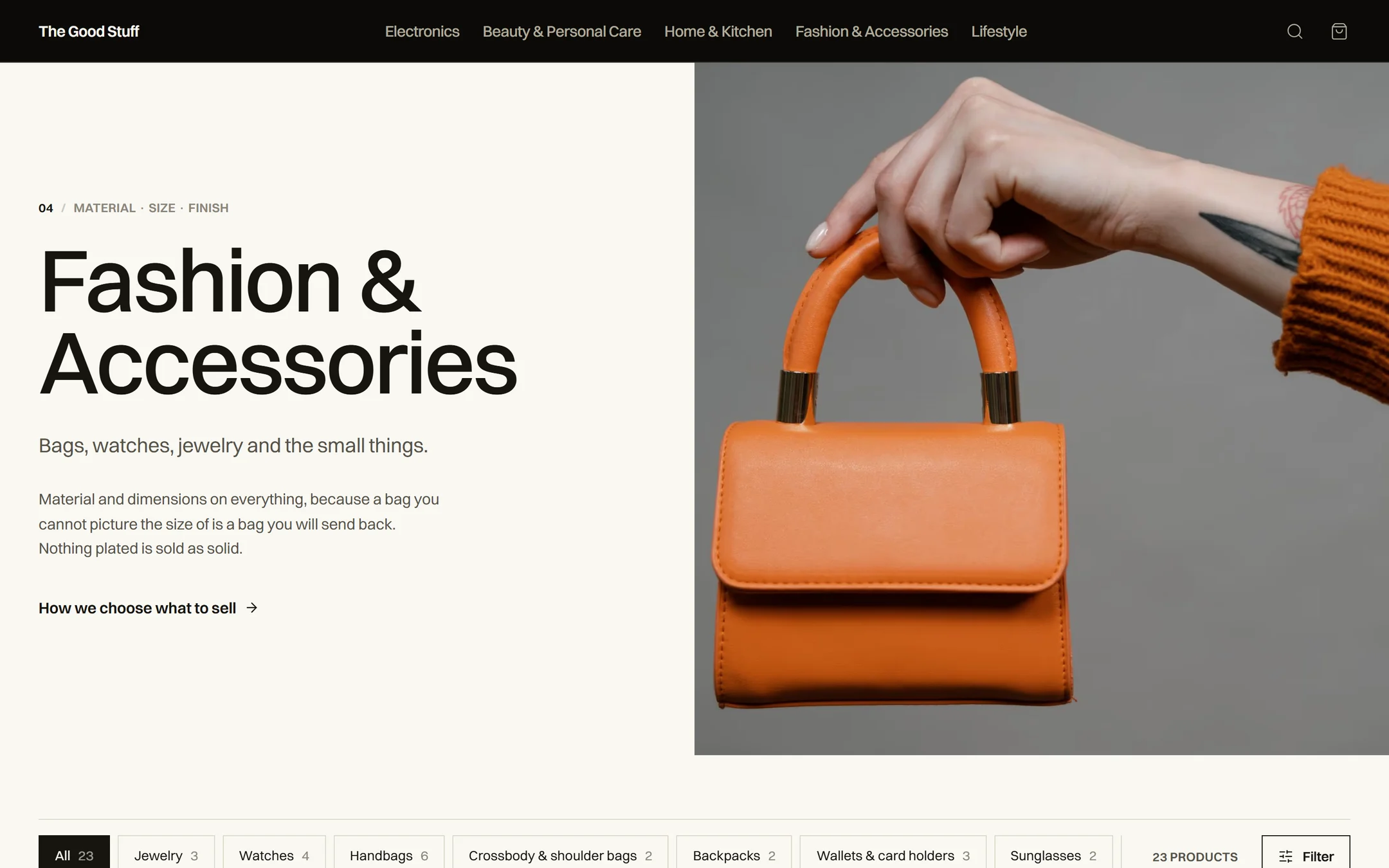 The Fashion and Accessories department page: its standard, title and photograph, then shelf tabs with product counts
