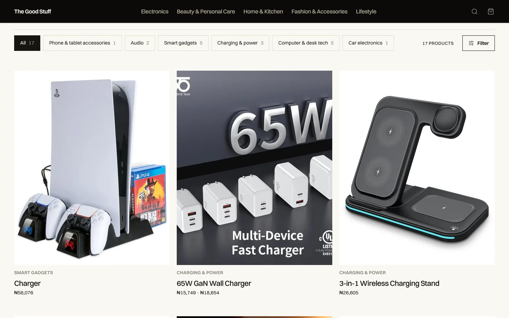 The live Electronics grid: shelf tabs with counts, then products on white with shelf label, name and price