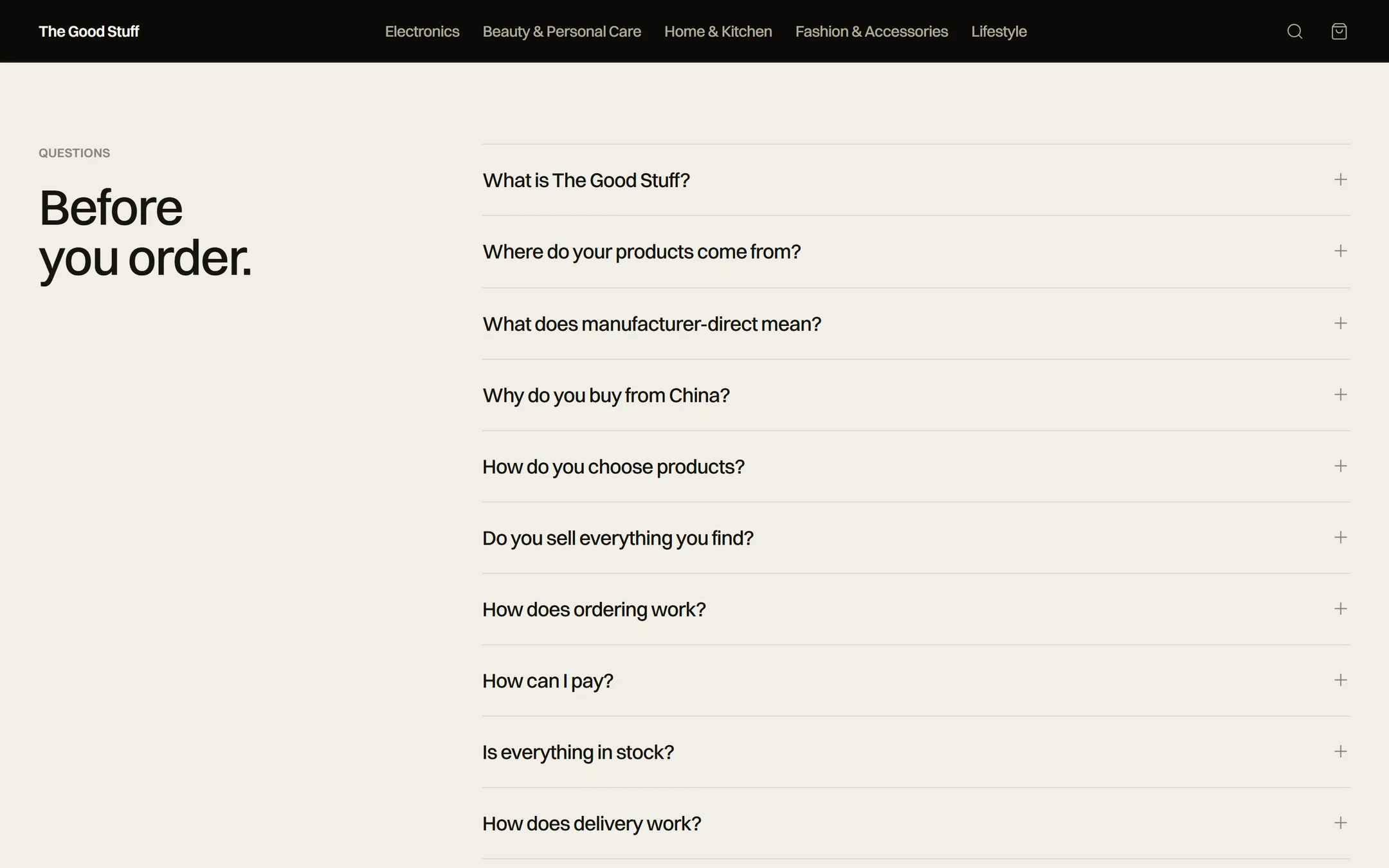 Questions: Before you order, a list of plain questions with plus icons
