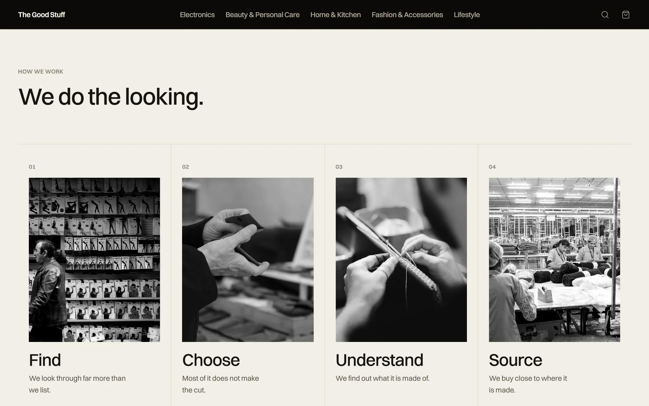 How we work: Find, Choose, Understand, Source, each with a black-and-white photograph