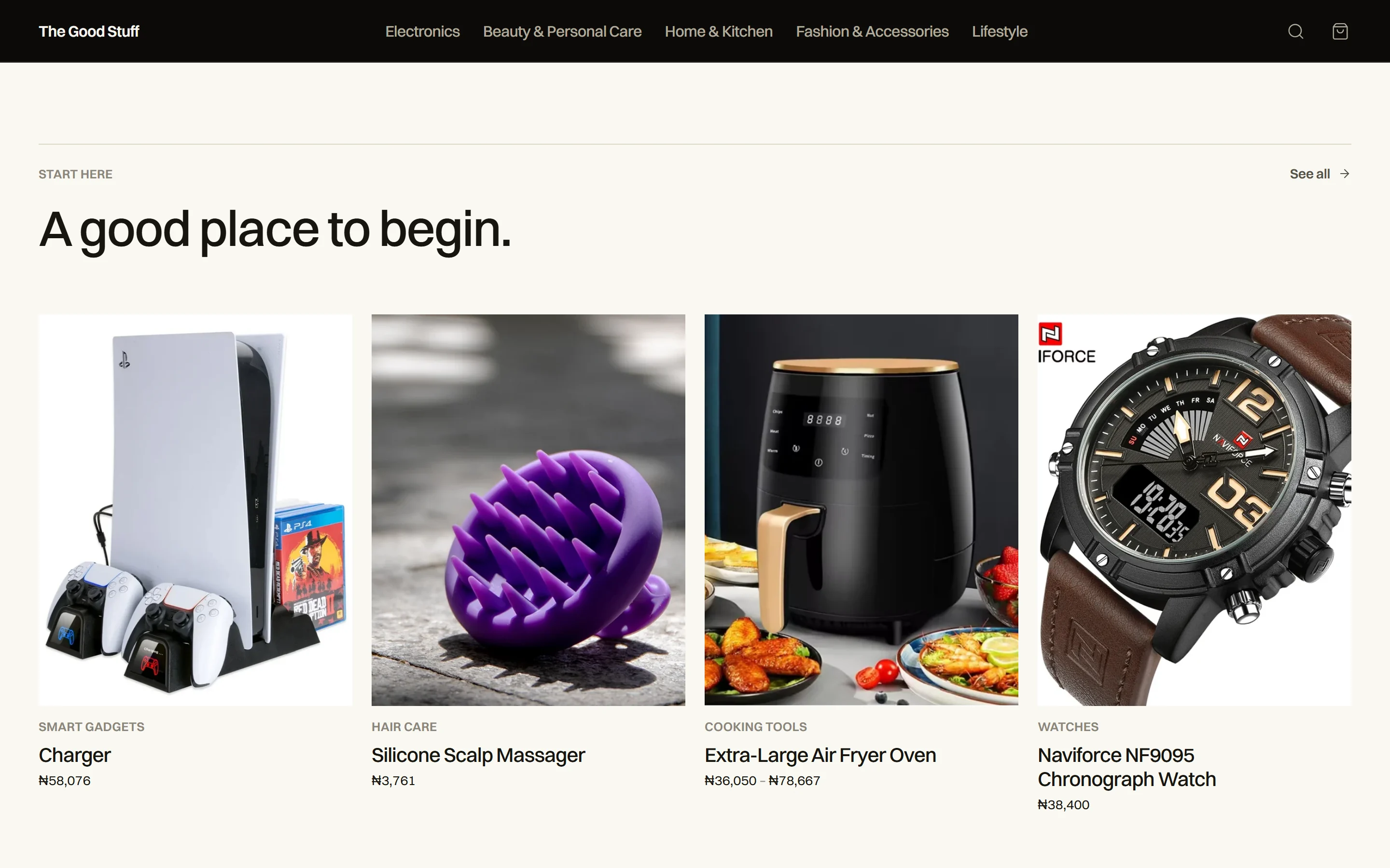 Start here: A good place to begin, a rail of four products with shelf labels, names and prices