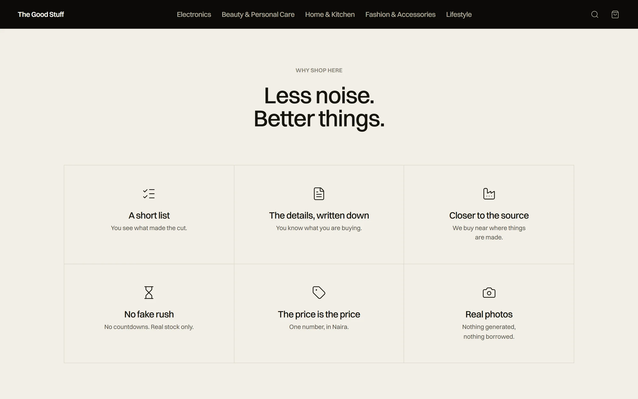 Why shop here: Less noise. Better things. Six short reasons with line icons