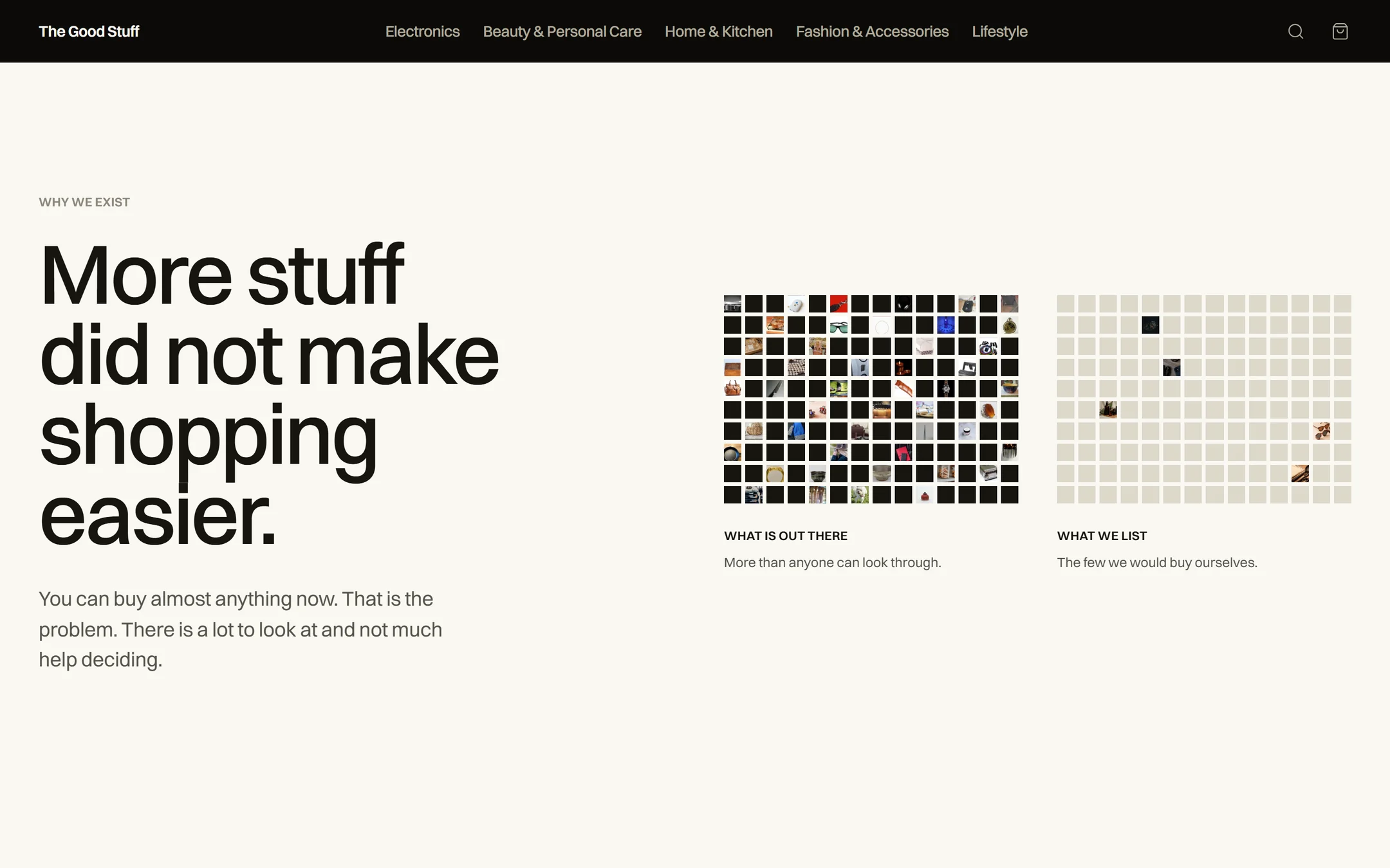 Homepage frame: More stuff did not make shopping easier, with a dense grid of product thumbnails labelled What is out there beside a mostly empty grid labelled What we list
