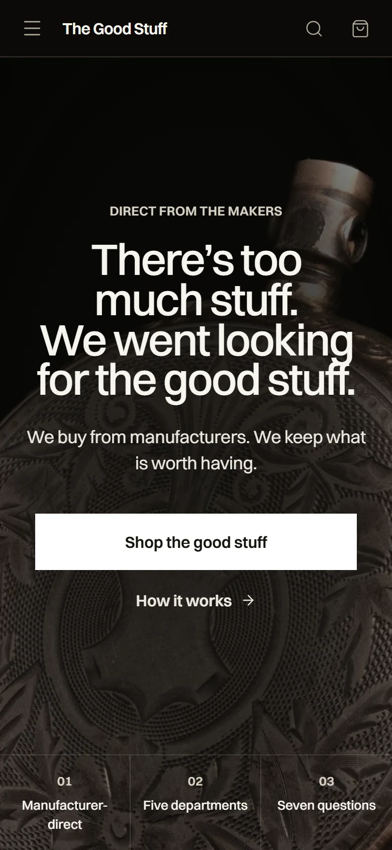 Mobile homepage hero with a full-width Shop the good stuff button