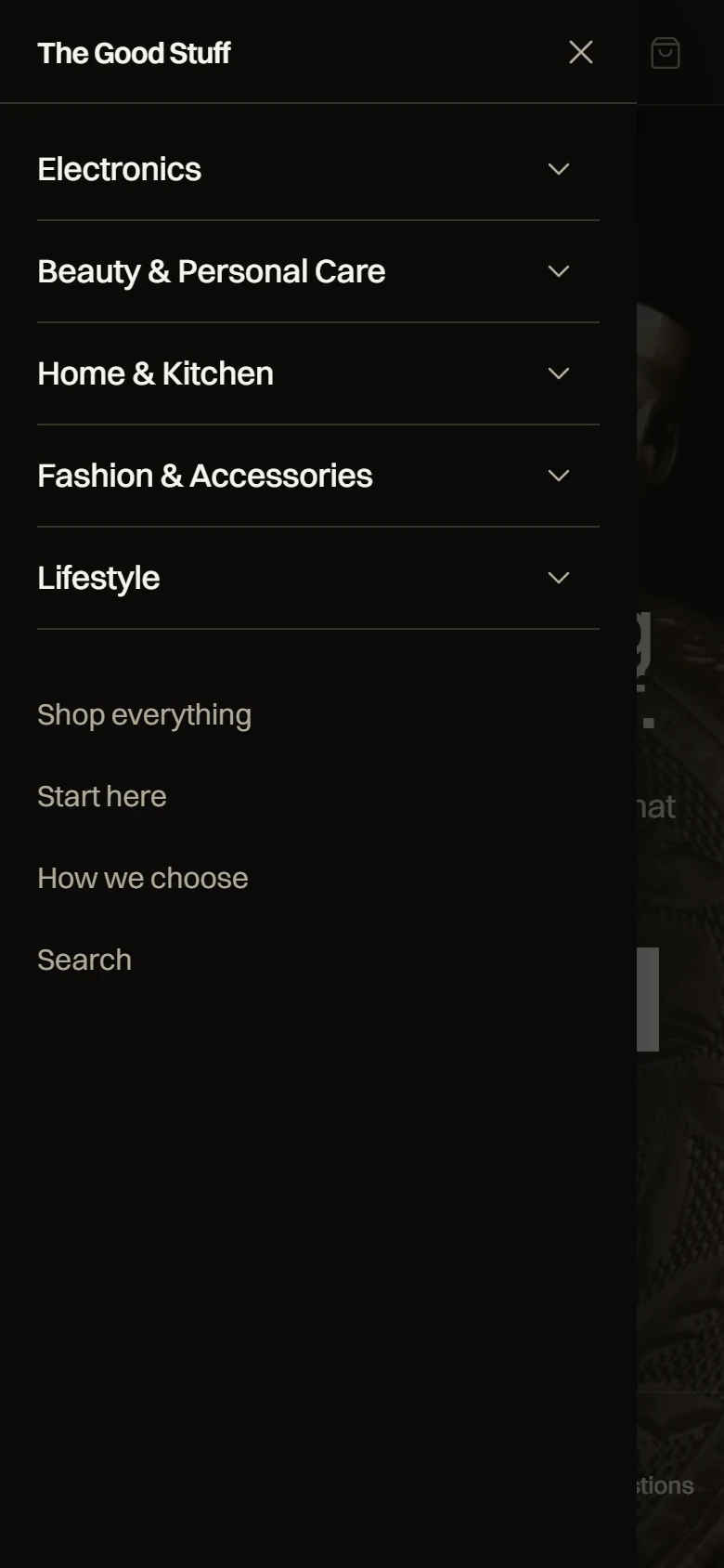The mobile navigation drawer listing five departments, then Shop everything, Start here, How we choose and Search