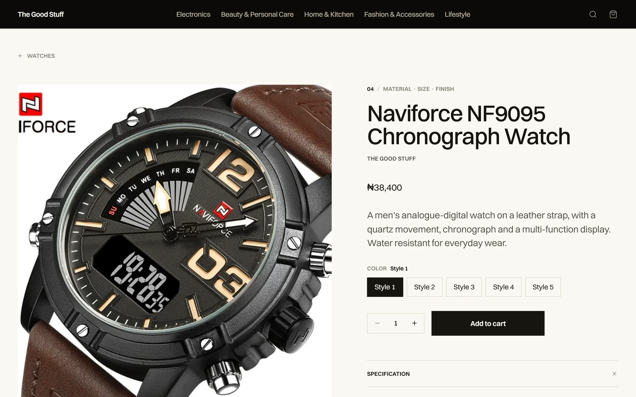 Product page for the Naviforce NF9095 Chronograph Watch: its standard, name, price, style options, quantity, Add to cart, then an open Specification panel